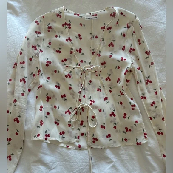 Reformation Cherry Print Tie-Front Blouse - Cream and Red - Picture 1 of 4
